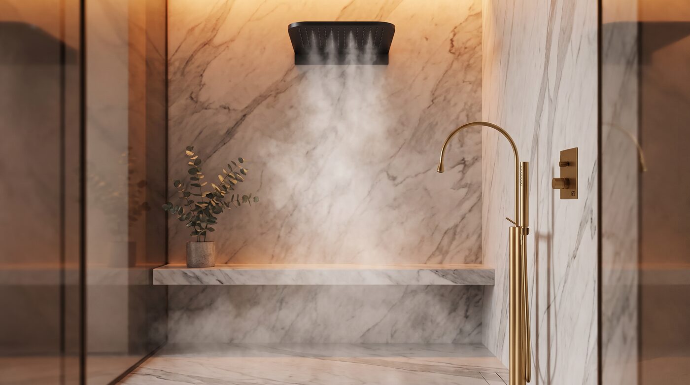 Regendusche in Marmoroptik mit bodengleichem Einstieg