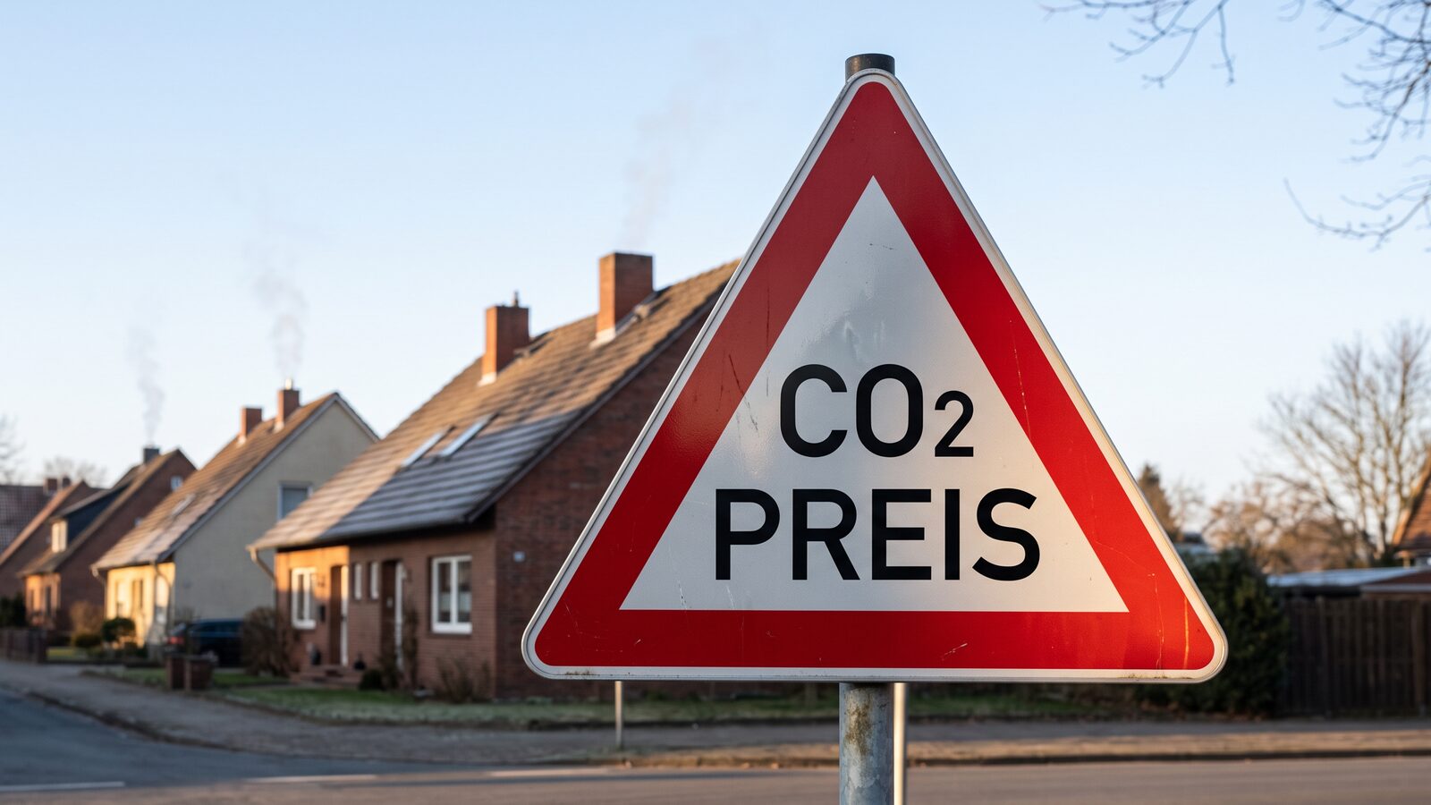 Rotes Warnschild mit der Aufschrift CO₂-Preis am Straßenrand, dahinter Einfamilienhäuser mit rauchenden Schornsteinen