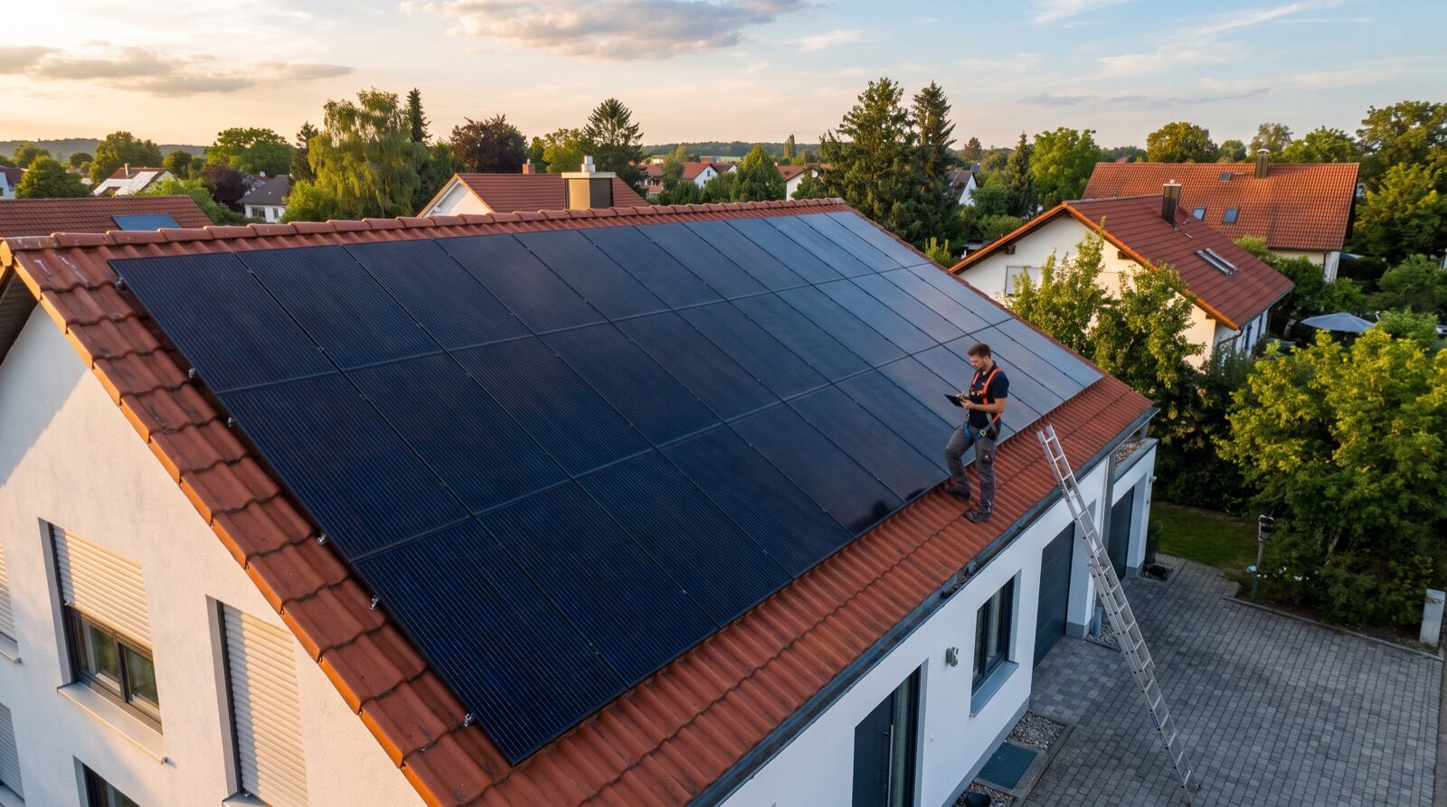Zwei Techniker begutachten eine fertig installierte Photovoltaikanlage auf einem Hausdach im Abendlicht