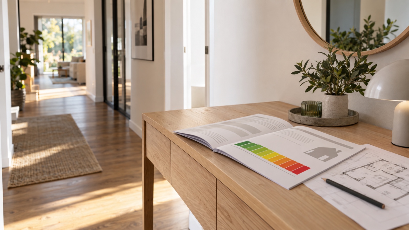 Maklerin und Hausbesitzer betrachten gemeinsam einen Energieausweis im Hausflur