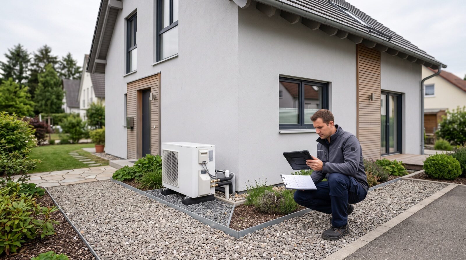 Wärmepumpe an einem Einfamilienhaus, Techniker prüft Unterlagen