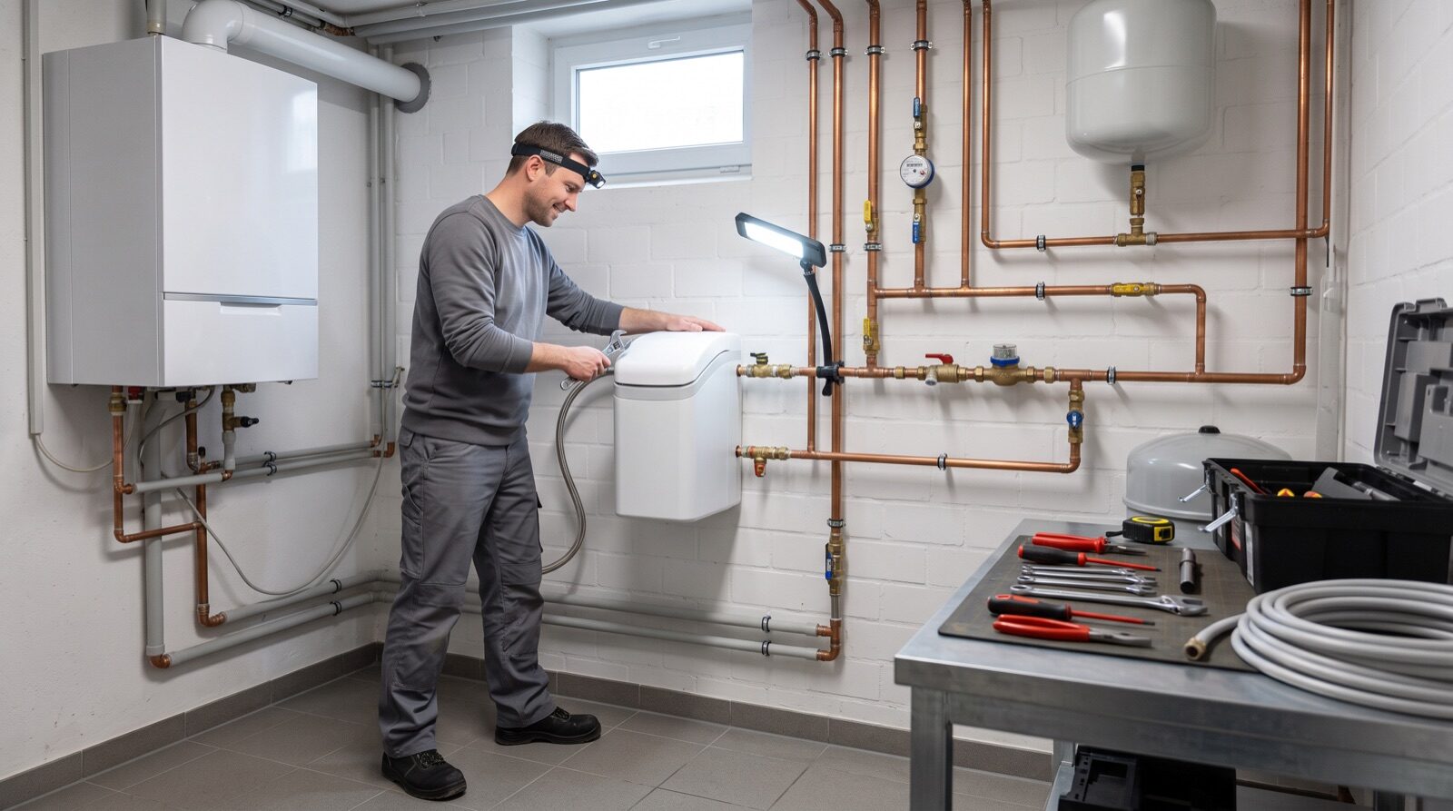 Techniker installiert eine Wasseraufbereitungsanlage im Hauswirtschaftsraum