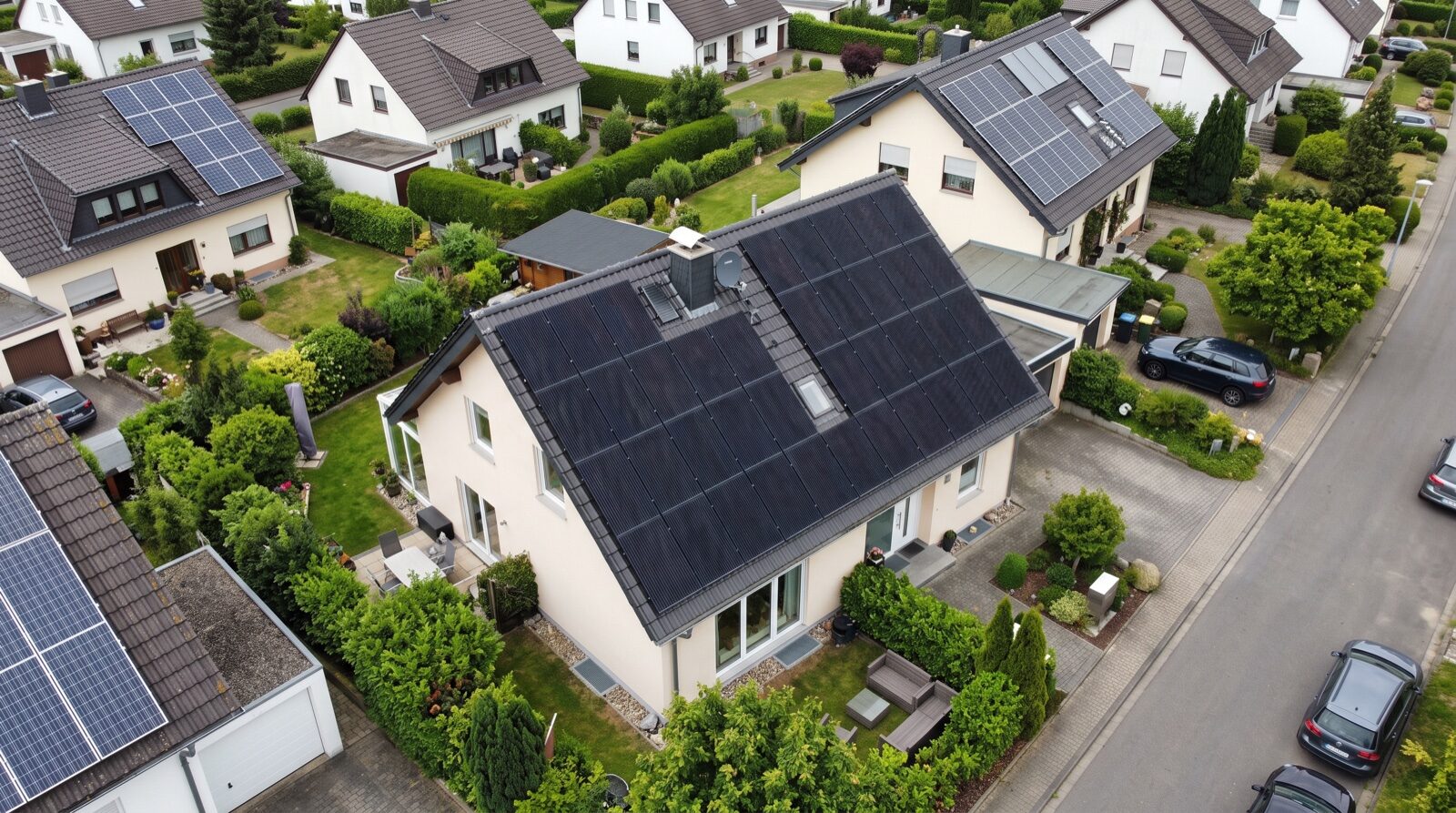 Drohnenaufnahme eines Einfamilienhauses mit vollständig belegtem Solardach in einer Wohnsiedlung