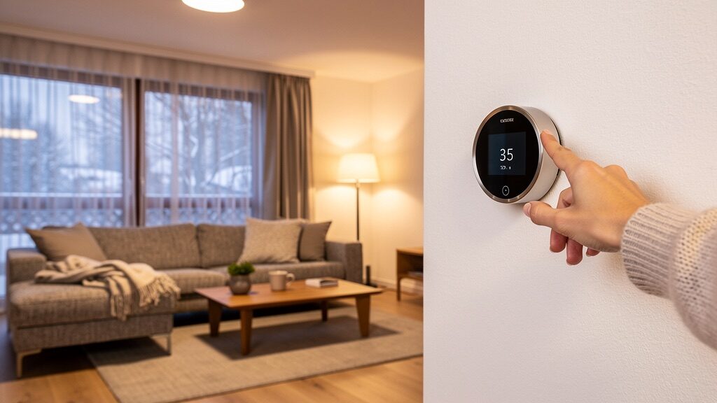 Gemütliches, warm beleuchtetes Wohnzimmer mit angenehmer Raumtemperatur