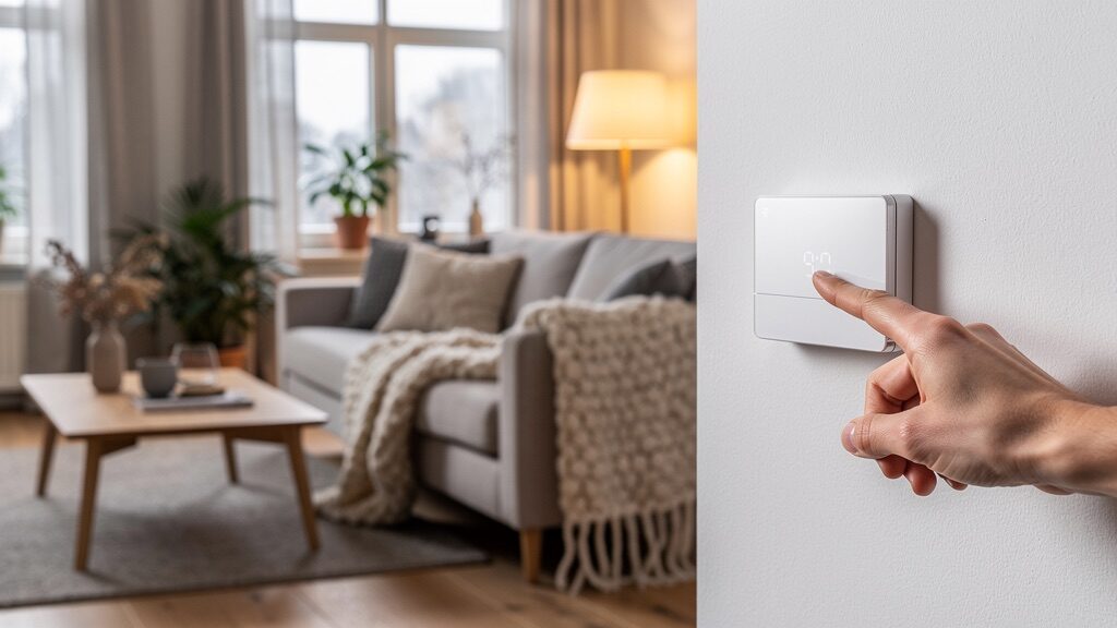 Hand stellt ein modernes Smart-Thermostat an der Wand ein